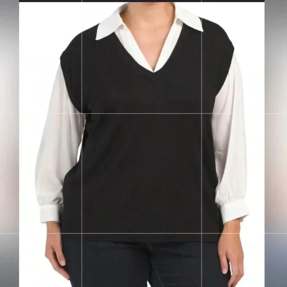 SIANI PREPPY SWEATER VEST OXFORD TOP‎ BLACK AND WHITE